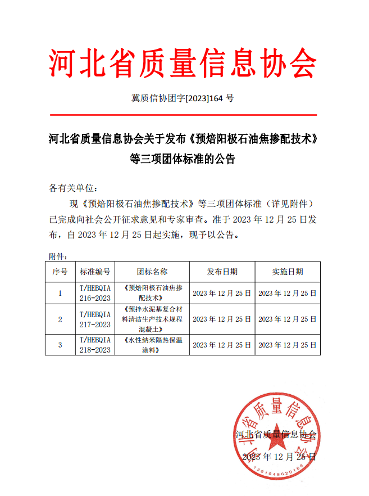 河北省质量信息协会关于发布《预焙阳极石油焦掺配技术》等三项团体标准的公告(图1)
