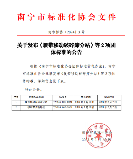 南宁市标准化协会关于发布《履带移动破碎筛分站》等2项团体标准的公告(图1)