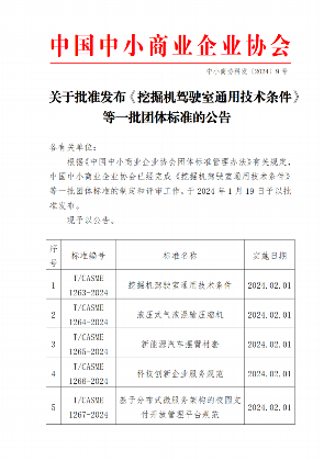 中国中小商业企业协会关于批准发布《挖掘机驾驶室通用技术条件》等一批团体标准的公告(图1)