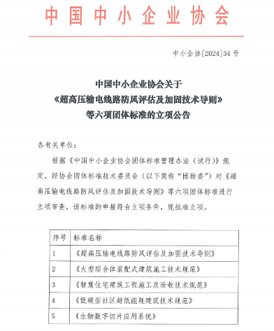中国中小企业协会关于《超高压输电线路防风评估及加固技术导则》等六项团体标准的立项公告(图1)